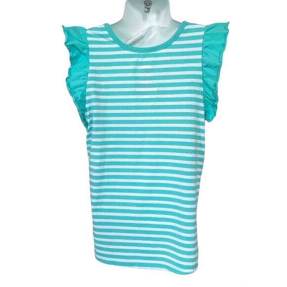 Girls 8 Turquoise Short Sleeve Stripe Ruffle Gold Glitter Colorful Mermaid Top - Picture 2 of 2